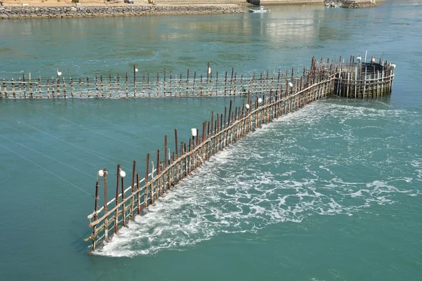 Korejská tradiční metoda rybolovu sardele obecné podle toku mořské vody — Stock fotografie