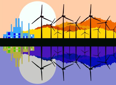 güneş ışığı gökyüzü arka plan üzerinde sahne binası ile elektrik üreten bir rüzgar türbini yansıması.