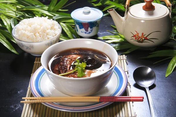 Stew pork leg with rice and soup. — Stock Photo, Image