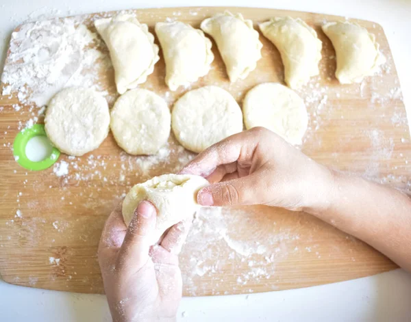 Children Hands Try Mold Dumpling — Stock Fotó