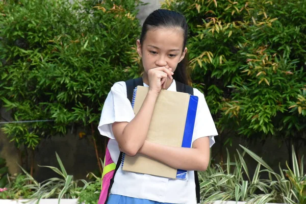 Pretty Filipina Female Student Coughing School Books — Stock Photo, Image