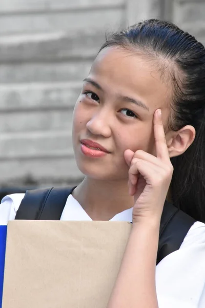 Young Asian Female Student Having Idea Textbooks — Stock Photo, Image