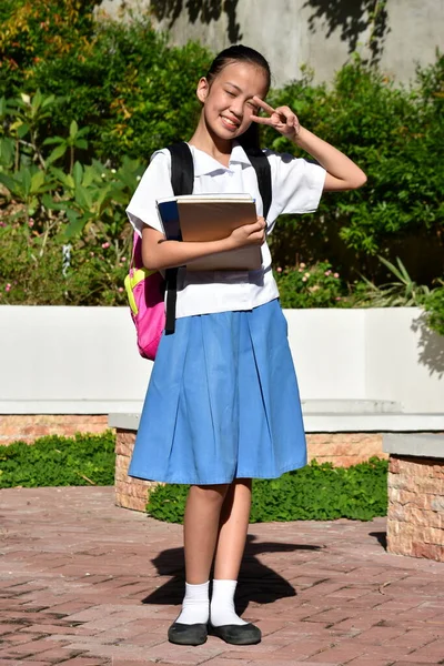 傻傻的学生少女同学穿着短裙站着 — 图库照片