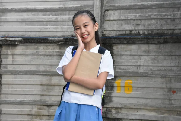 Youthful Asian Girl Student Laughing Textbooks — Stock Photo, Image