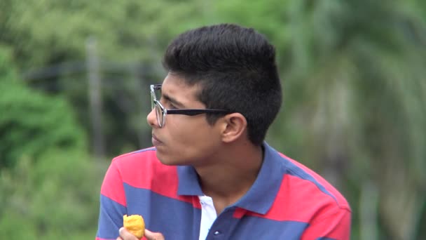 Hispanique adolescent garçon manger de la malbouffe Snack — Video