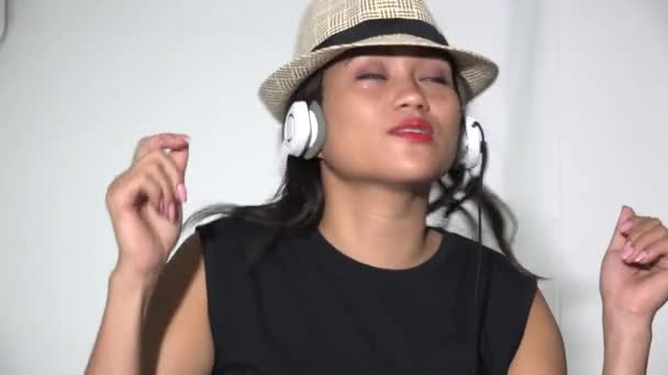 Asian Woman Dancing Listening Music — Stock Video