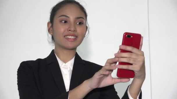 Smiling Woman Taking Selfy — Stockvideo