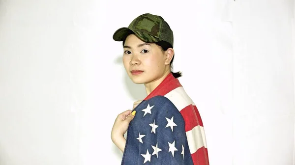 Serious American Woman Usa Flag — 스톡 사진