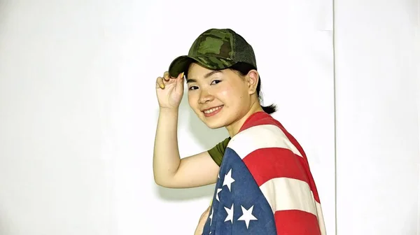 Smiling American Woman Usa Flag — 스톡 사진
