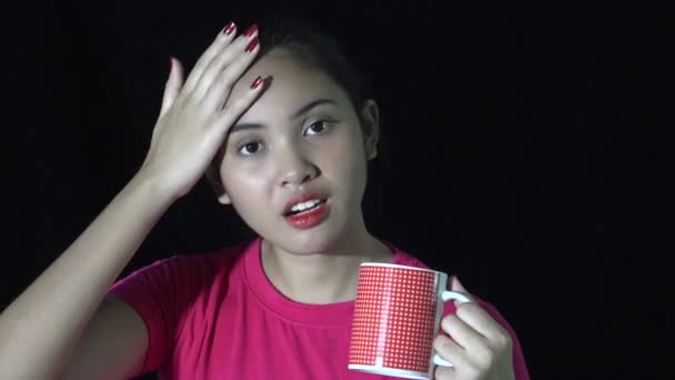 Asian Woman Complaining Drinking Coffee Cup — стоковое видео