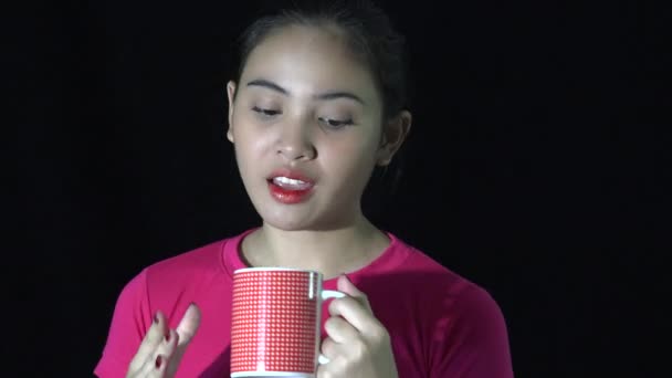 Asian Woman Talking Coffee Cup — 图库视频影像