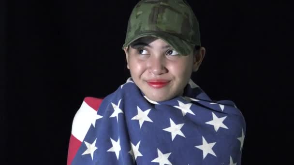 Smiling Patriotic Woman Usa Flag — Stock video