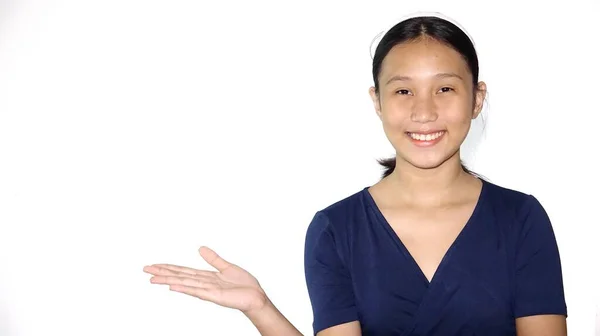 Smiling Pretty Asian Female Meme Isolated White — Fotografia de Stock