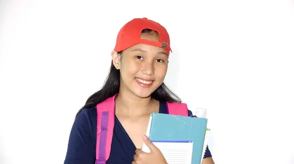 Glimlachen Aziatische Vrouw Student Holding Boeken Geïsoleerd — Stockfoto