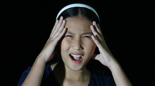 Stressad Asiatisk Kvinna Tonåring Isolerad Svart — Stockfoto