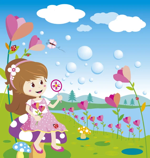 Menina soprando bolhas no jardim de flores — Vetor de Stock