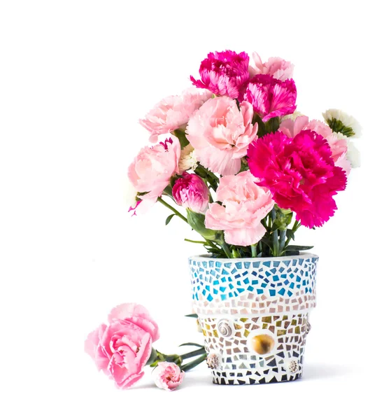 Carnation in mosaic flower pot — Stock Photo, Image