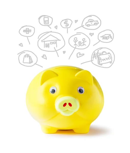 Yellow piggy bank and icon design to represent the concept of saving money — Stock Photo, Image