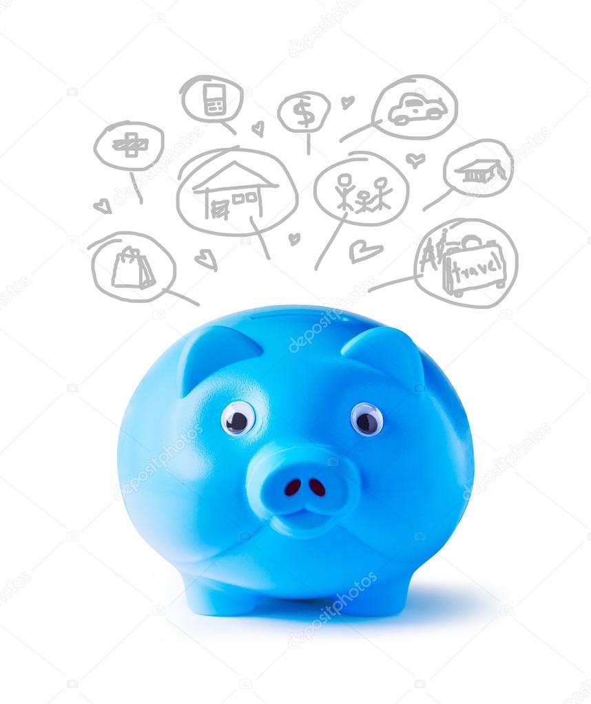 Blue piggy bank and icons design to represent the concept of saving money