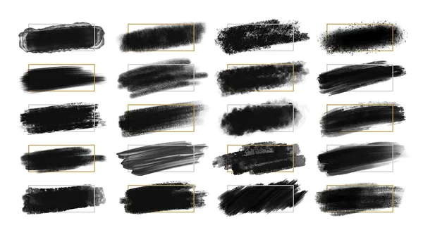 Jeu Coups Pinceau Noir Avec Cadre Ligne Sur Fond Blanc — Image vectorielle
