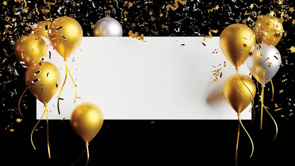 Palloncino Oro Argento Con Coriandoli Lamina Che Cadono Con Banner — Foto Stock