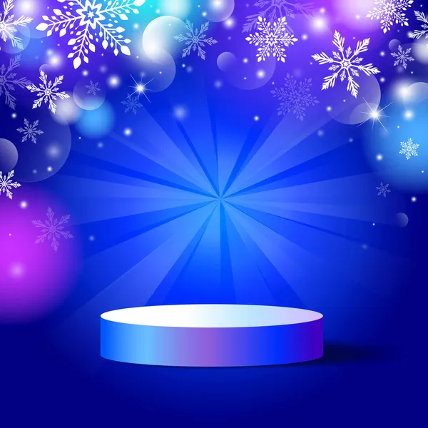 Podio Banner Design Fiocco Neve Con Sfondo Luce Bokeh Natale — Vettoriale Stock