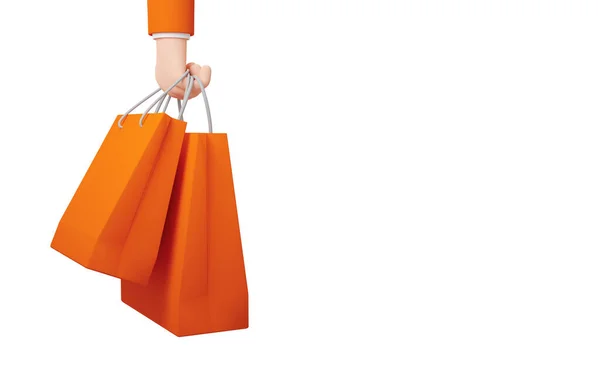 Hand Holding Orange Shopping Bags Isolated White Background Copy Space — Stock Photo, Image