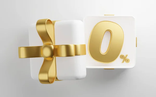Golden Zero Percent White Gift Box Gold Ribbon Render — Stok fotoğraf