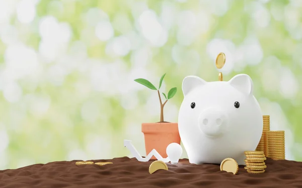 Piggy Bank Gold Coin Ground Saving Concept Render — Stock Photo, Image