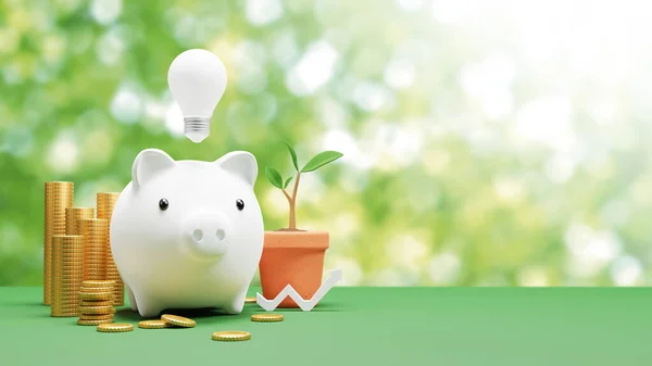 Piggy Bank Light Bulb Gold Coin Saving Concept Render — Stock Photo, Image
