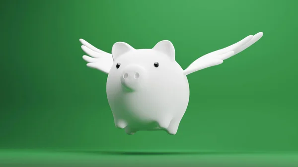 Savings Concept Design Piggy Bank Wing Flying Green Background Render — Stock Photo, Image