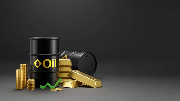 Нефтяные Бочки Слитки Золотыми Монетами Рендеринг — стоковое фото