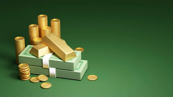 Design Von Goldbarren Und Goldmünzen Mit Dollarbank Auf Grünem Hintergrund — Stockfoto