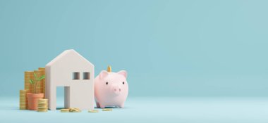 Ev ve domuz kumbarası 3 boyutlu kopyalama alanı olan altın sikkeler