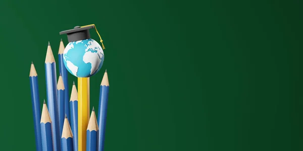 Étudier Étranger Éducation Conception Concept Crayons Jaunes Avec Monde Casquette — Photo