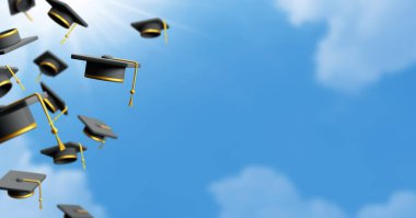 Mavi gökyüzü arkaplanlı mezuniyet başlığı 3B oluşturma