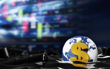 Dünyanın ham petrol fiyat konsepti tasarımı ve petrol varilleri 3D render ile dolar işareti