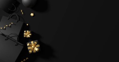 Siyah arka planda alışveriş çantası ve hediye kutusunun 3 boyutlu kopyası olan Kara Cuma indirimi pankartı tasarımı