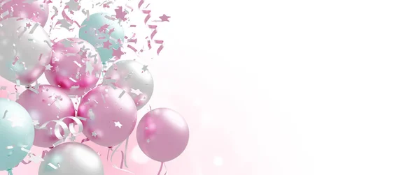 Balloons Foil Confetti Falling White Background Copy Space Render — Stock fotografie