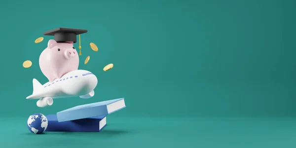 Investment education and scholarships concept design of piggy bank graduation cap sitting on the plane 3D render