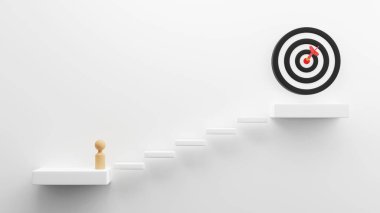 Target concept design of wooden people are about to go up the stairs towards the goal 3D render