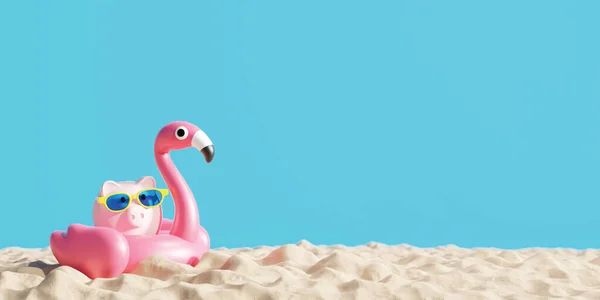 Travel Savings Concept Design Piggy Bank Sunglasses Inflatable Flamingo Sand — Stockfoto