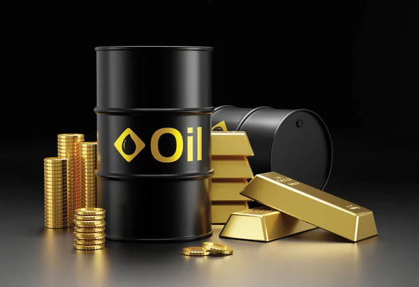 Oil Barrels Gold Bars Black Background Render — Stockfoto