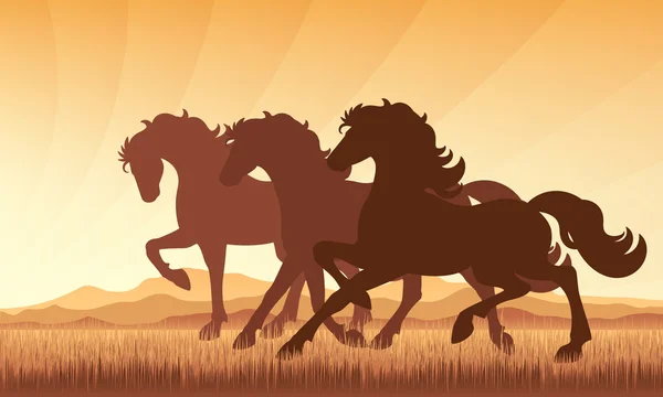 Caballos en el campo en la silueta de vector de fondo puesta del sol illustrat — Archivo Imágenes Vectoriales