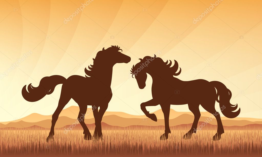日没の背景ベクトル シルエット Illustrat フィールドで馬 ストックベクター C Ray Of Light
