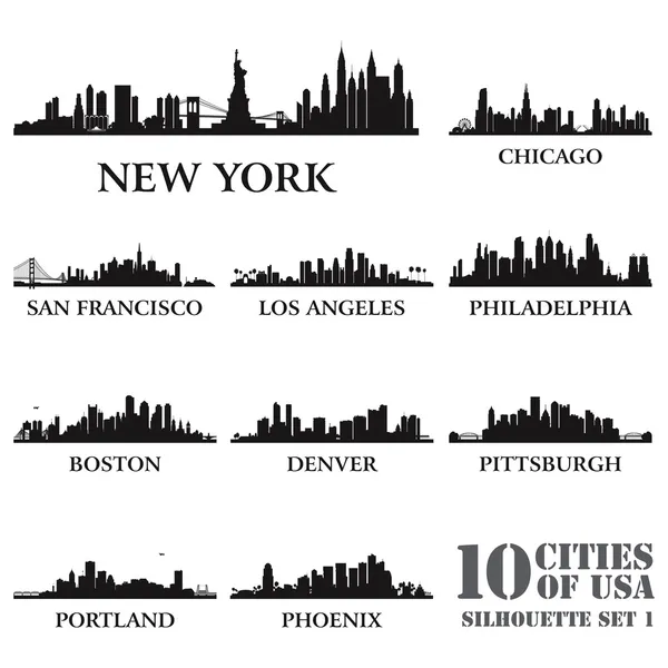Silhouette set di città degli Stati Uniti N1 — Vettoriale Stock