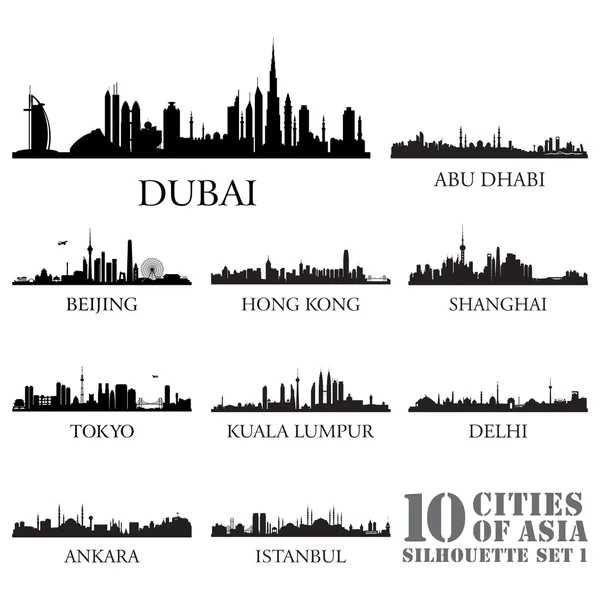 Set of skyline cities silhouettes. 10 cities of Asia 1 — Stock Vector