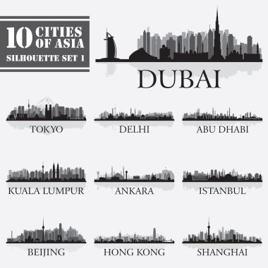 skyline şehirler siluetleri kümesi. Asya 1 10 şehir