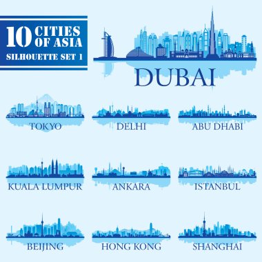 skyline şehirler siluetleri kümesi. Asya 1 10 şehir