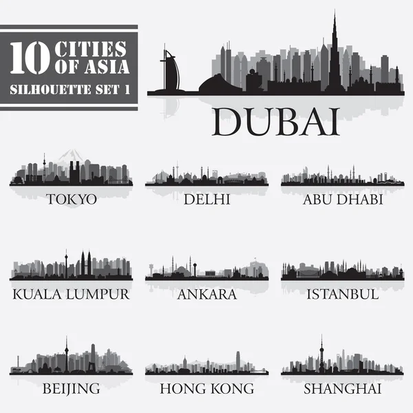 Set of skyline cities silhouettes. 10 cities of Asia 1 — Stock Vector